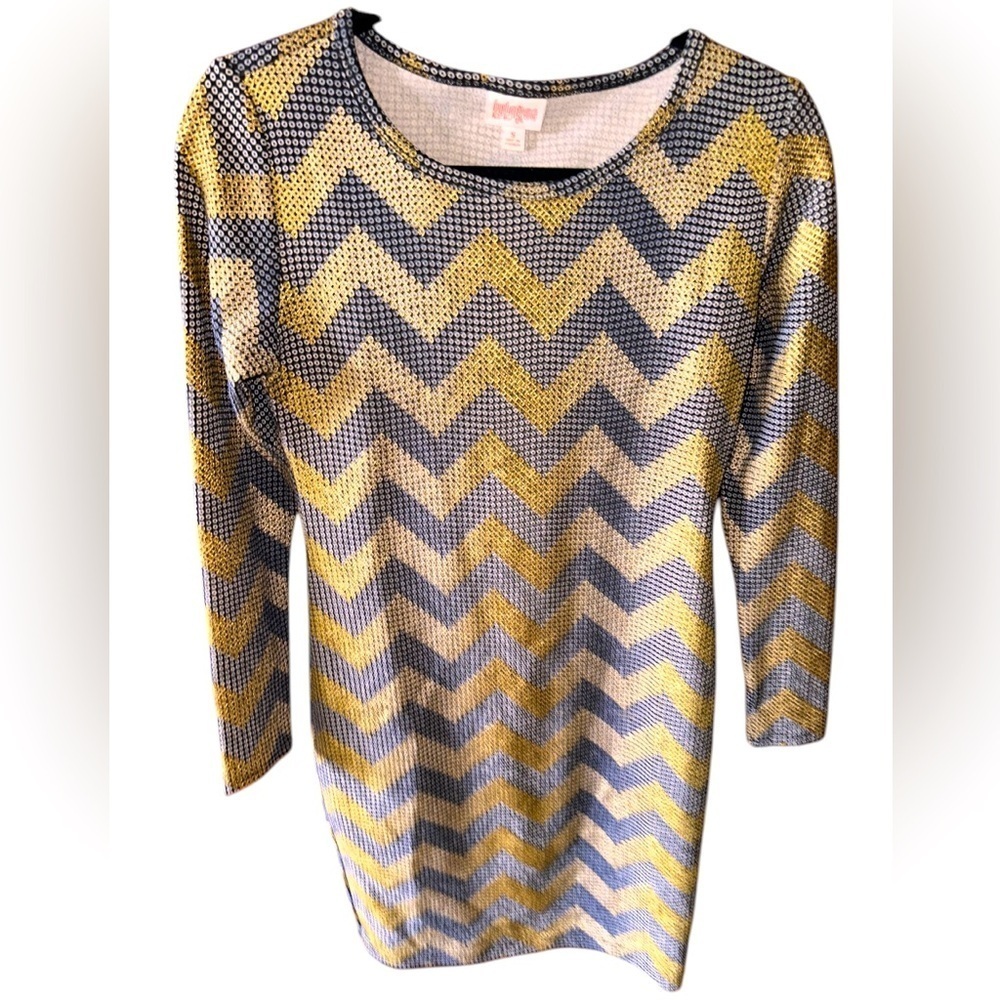 Lularoe. Size small elegant Debbie pencil dress. Metallic gold zigzag .Stunning!